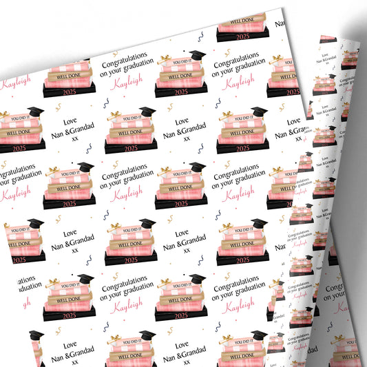 Graduation Gift Wrapping Paper Pink Book Stack