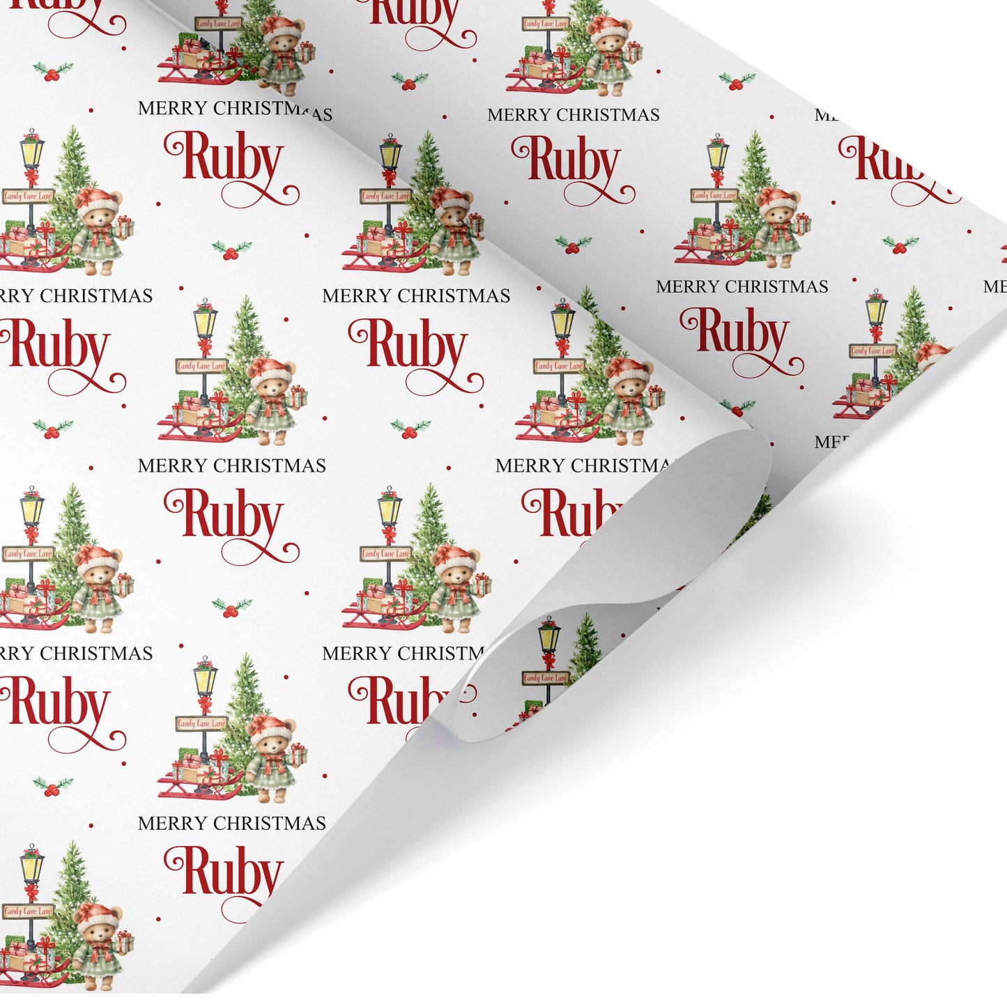 Christmas Wrapping Paper Teddy Candy Cane Lane Girl