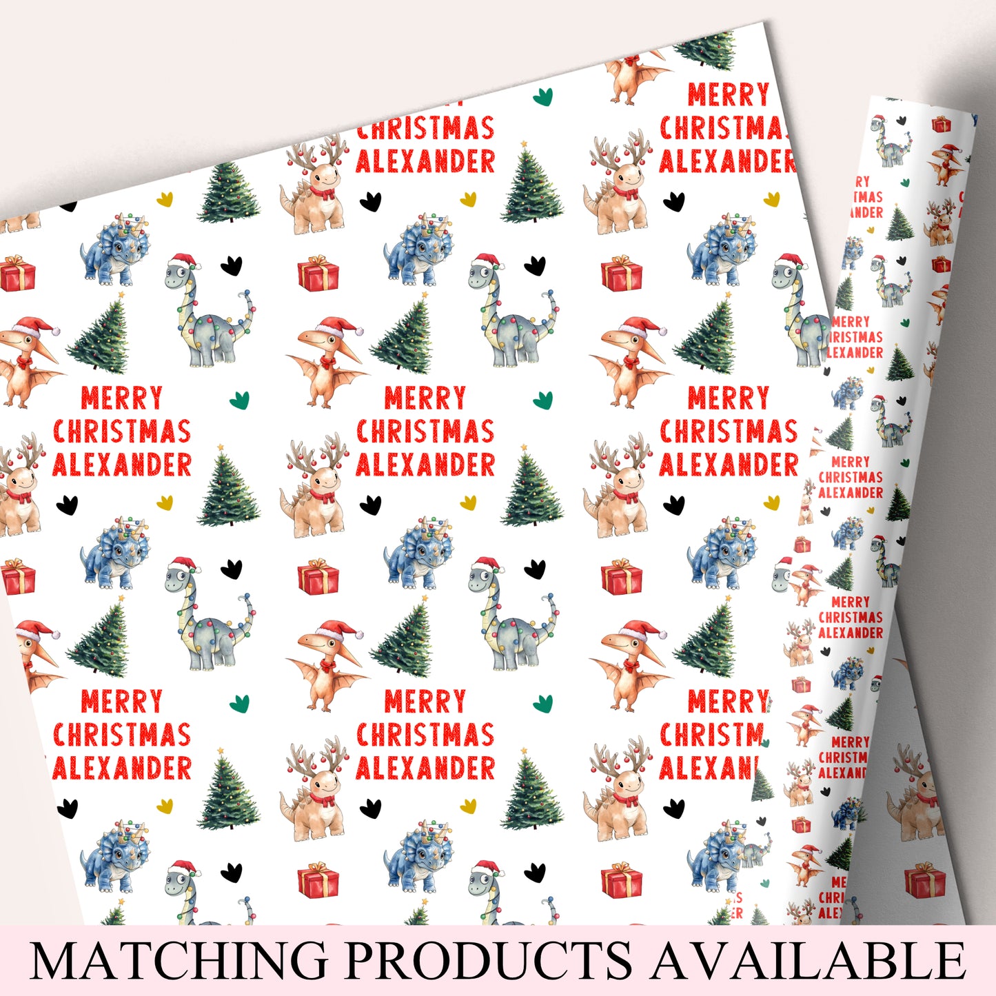 Personalised Christmas Gift Wrapping Paper for Children – Dinosaur Design