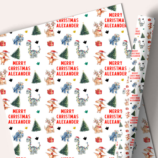Personalised Christmas Gift Wrapping Paper for Children – Dinosaur Design