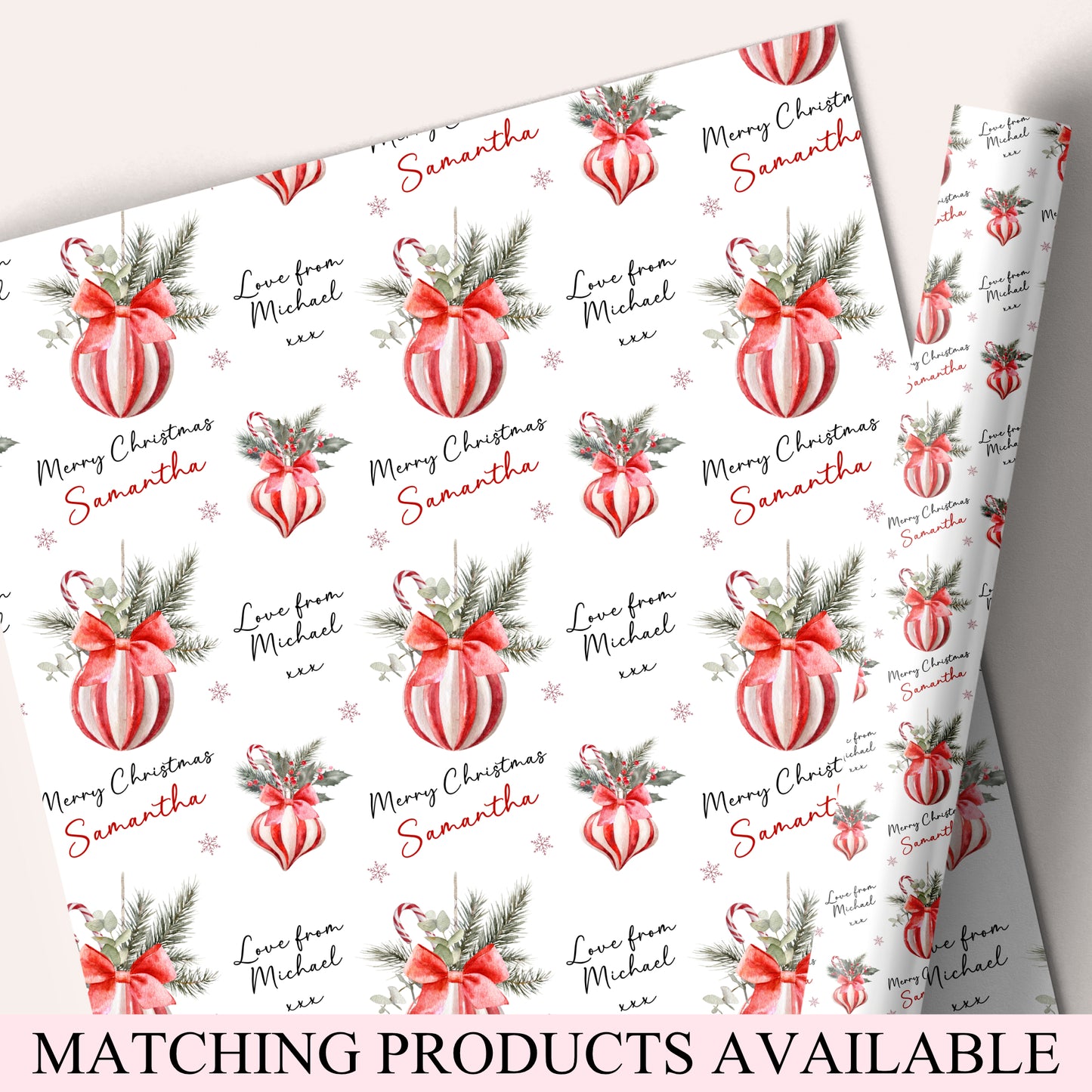 Personalised Christmas Gift Wrapping Paper – Red Candy Stripe Christmas Bauble