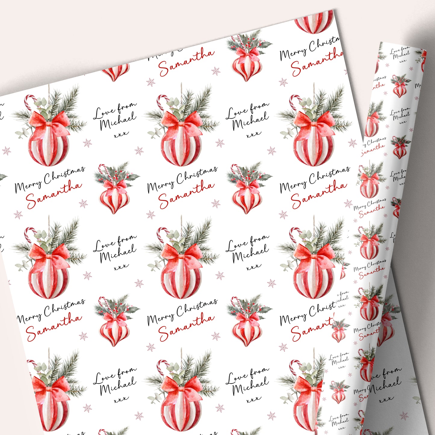 Personalised Christmas Gift Wrapping Paper – Red Candy Stripe Christmas Bauble