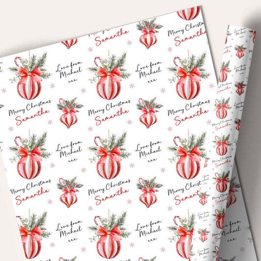 Personalised Christmas Gift Wrapping Paper – Red Candy Stripe Christmas Bauble