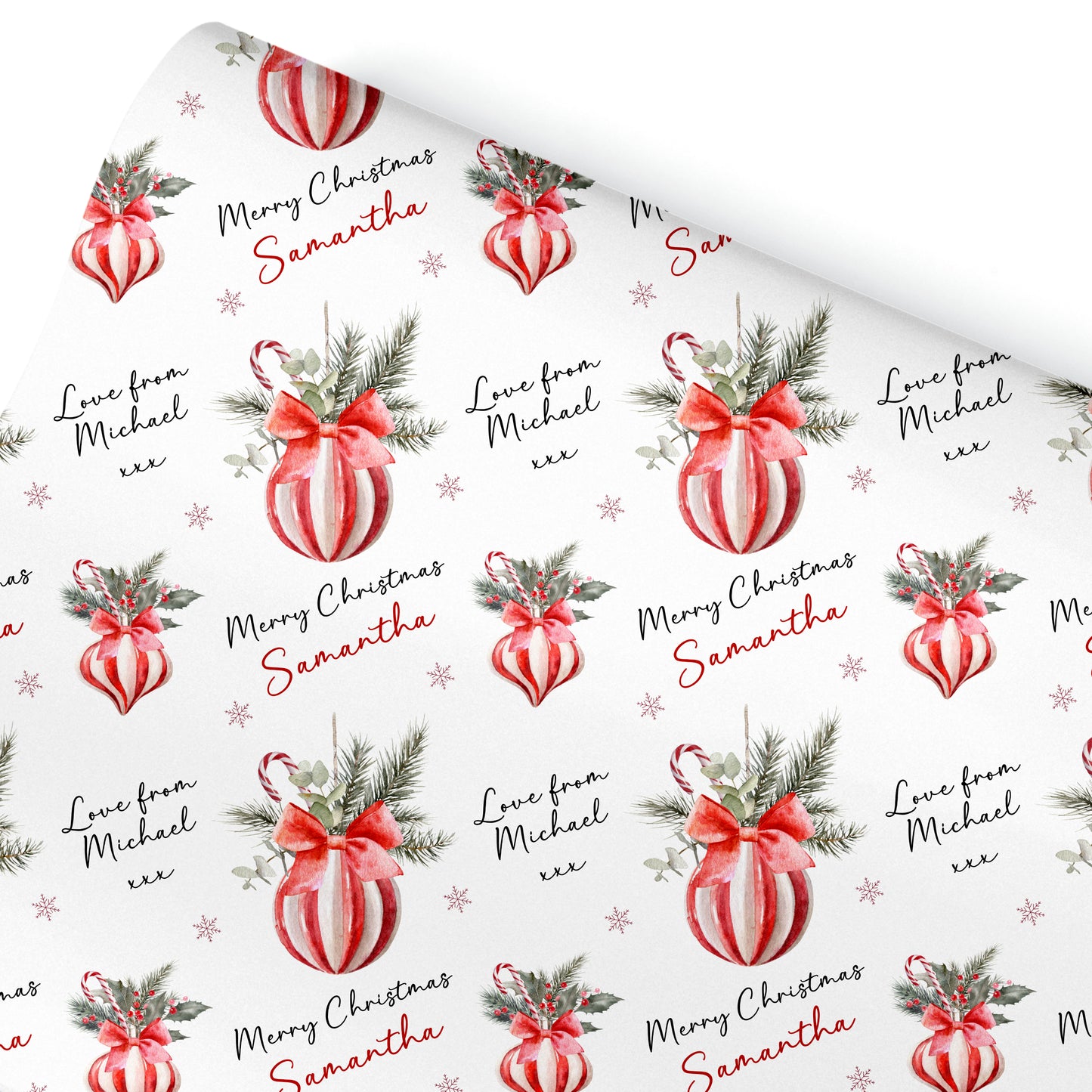 Personalised Christmas Gift Wrapping Paper – Red Candy Stripe Christmas Bauble