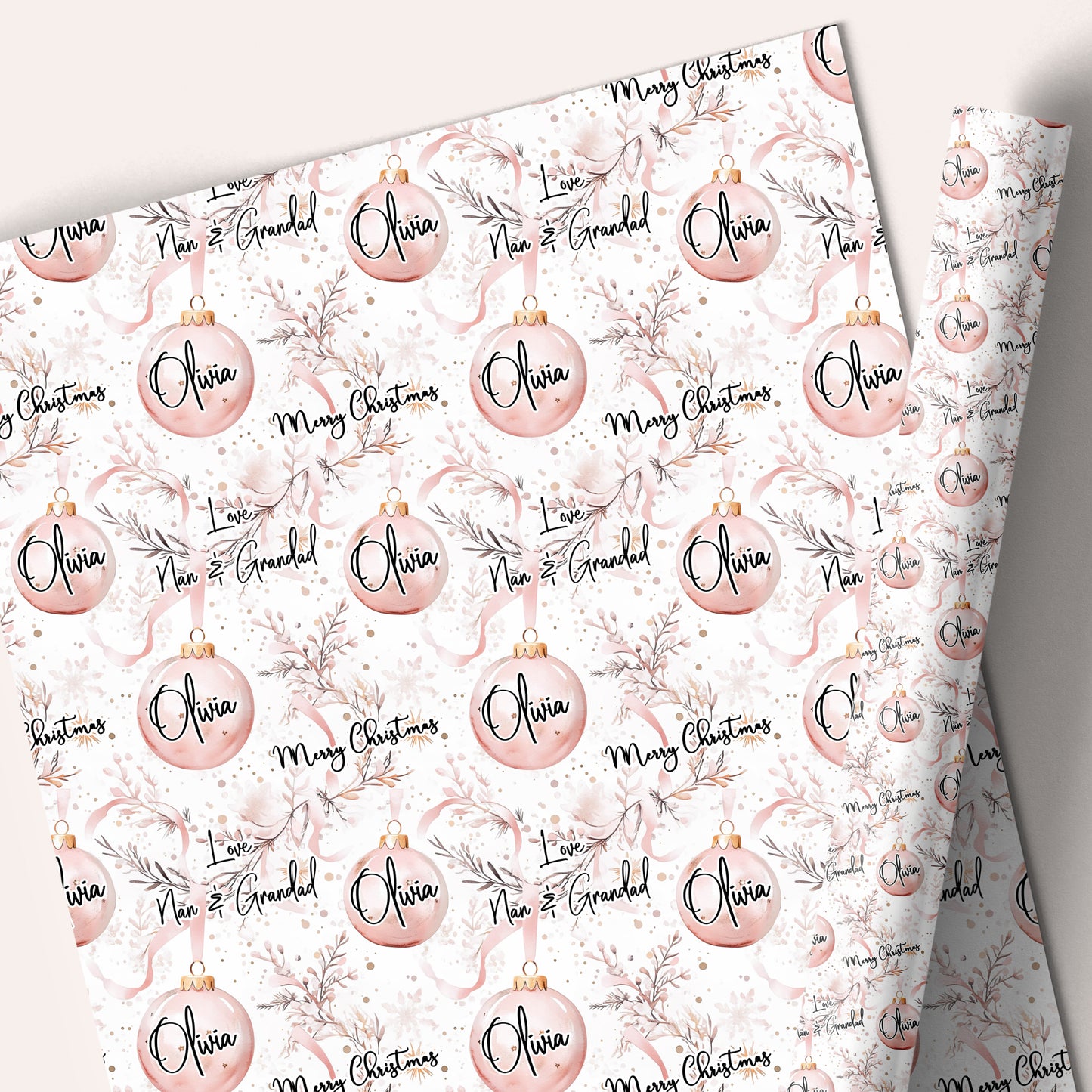 Personalised Christmas Gift Wrapping Paper – Pink Christmas Bauble