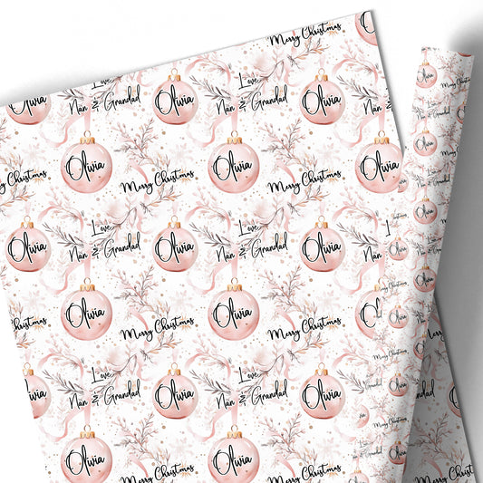 Personalised Christmas Gift Wrapping Paper – Pink Christmas Bauble