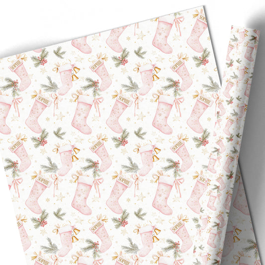 Personalised Christmas Gift Wrapping Paper – Pink Stocking
