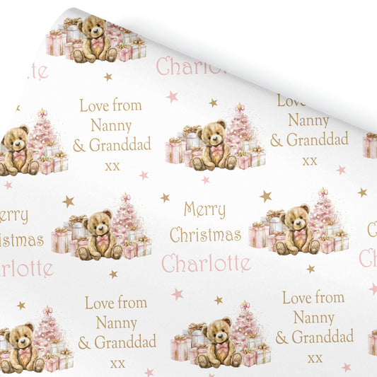 Christmas Gift Wrapping Paper –  Personalised Gift Wrap Roll - Pink Teddy Bear