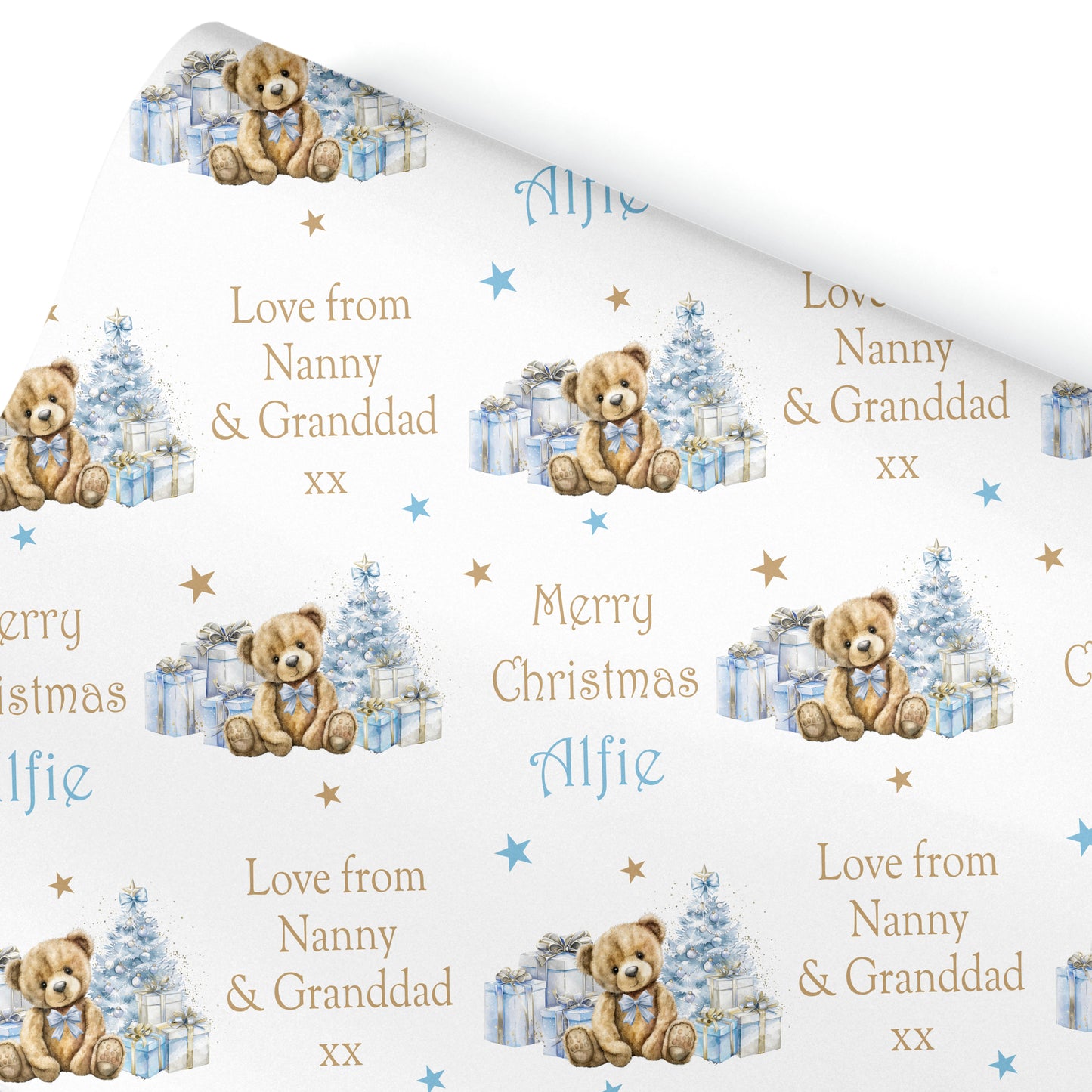 Christmas Gift Wrapping Paper –  Personalised Gift Wrap Roll - Blue Teddy Bear