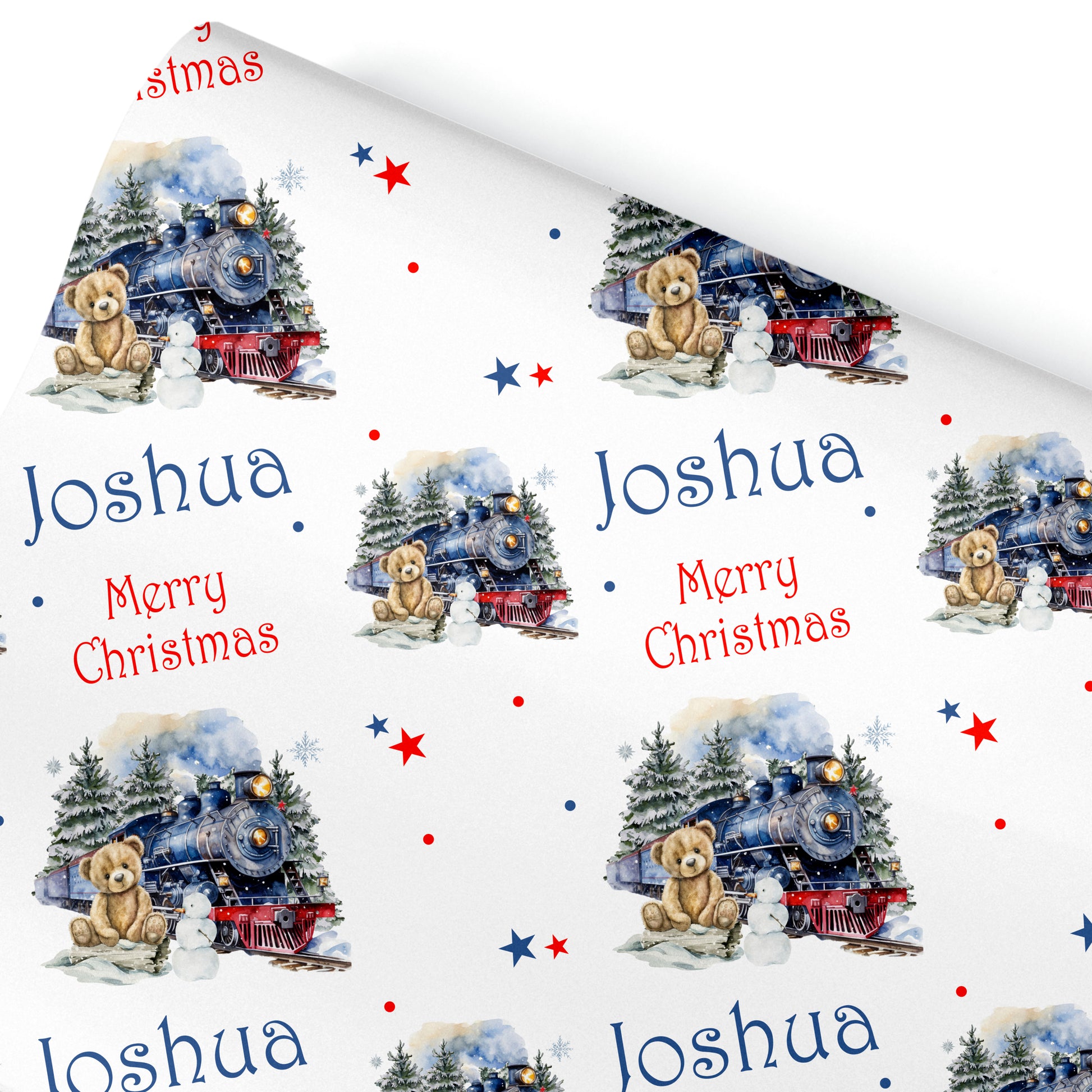 Personalised kids Christmas wrapping paper featuring Santa’s train