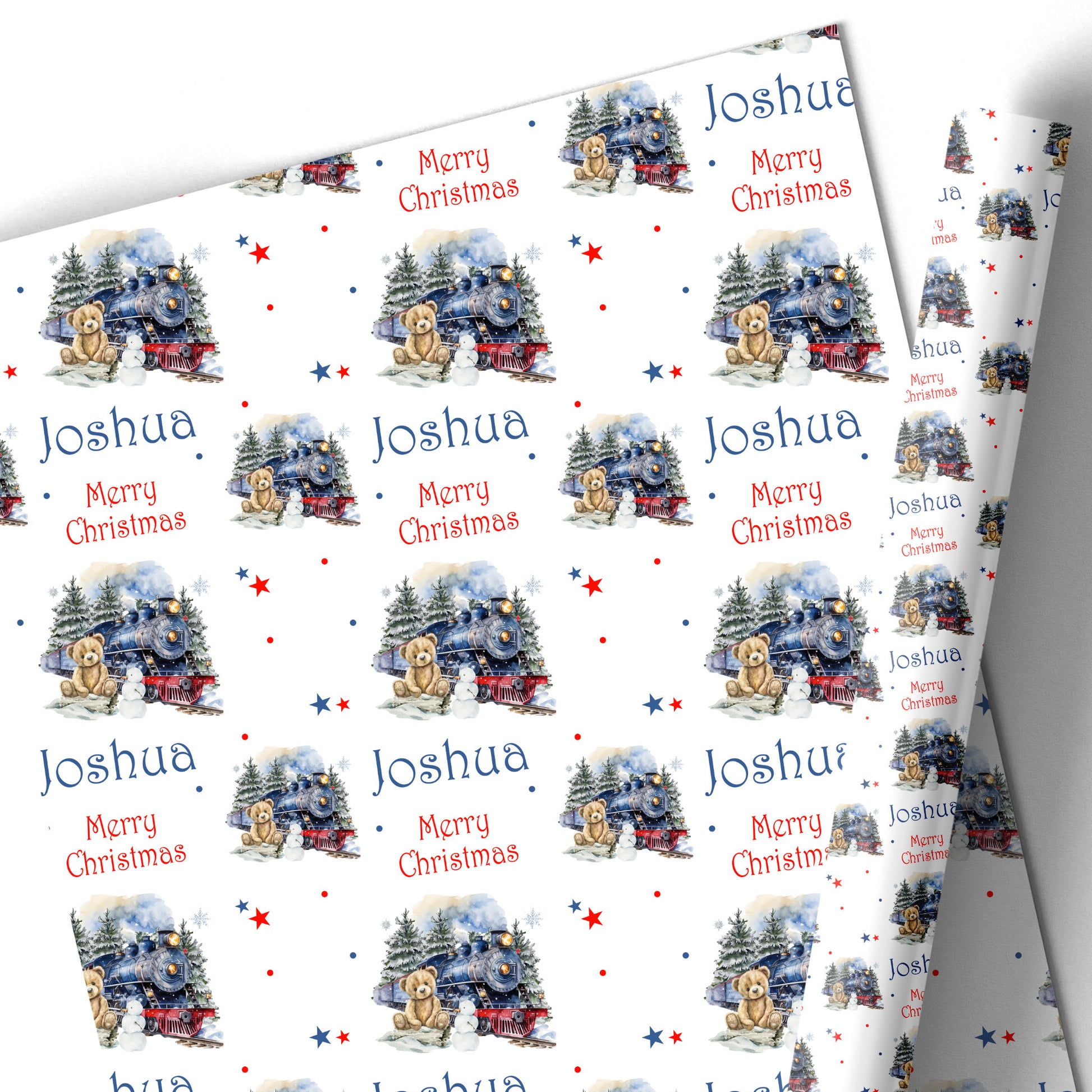 Personalised Christmas wrapping paper for children with Christmas Express Train design