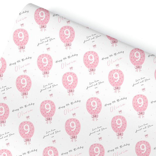 Birthday Gift Wrapping Paper –  Personalised Children's Gift Wrap Roll - Pink Heart Balloon