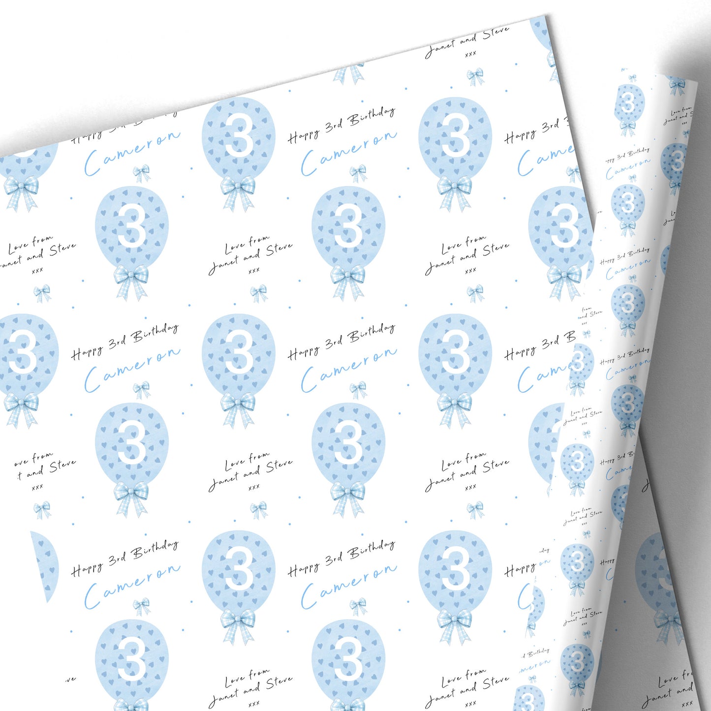 Birthday Gift Wrapping Paper –  Personalised Children's Gift Wrap Roll - Blue Heart Balloon