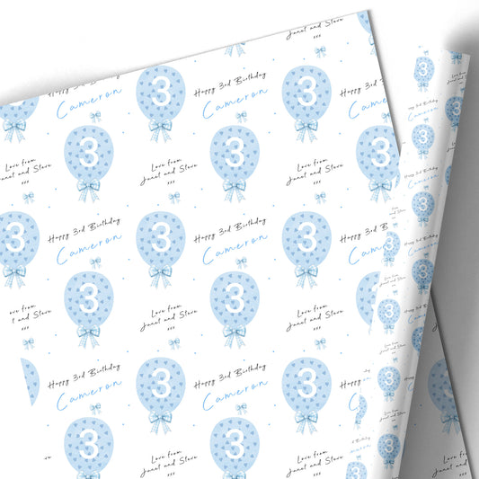 Birthday Gift Wrapping Paper –  Personalised Children's Gift Wrap Roll - Blue Heart Balloon