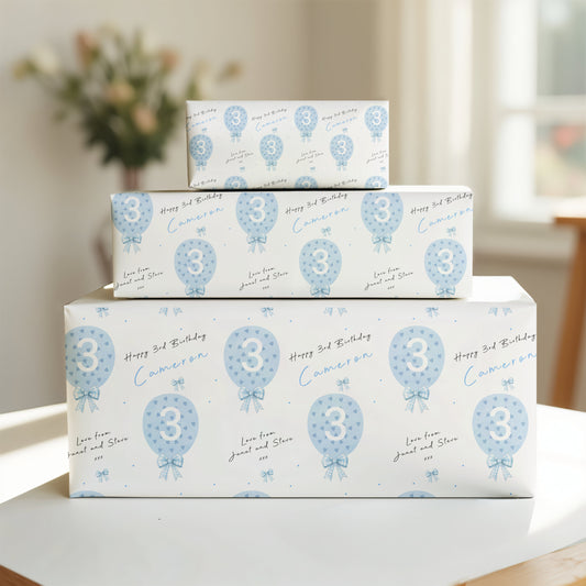 Birthday Gift Wrapping Paper –  Personalised Children's Gift Wrap Roll - Blue Heart Balloon