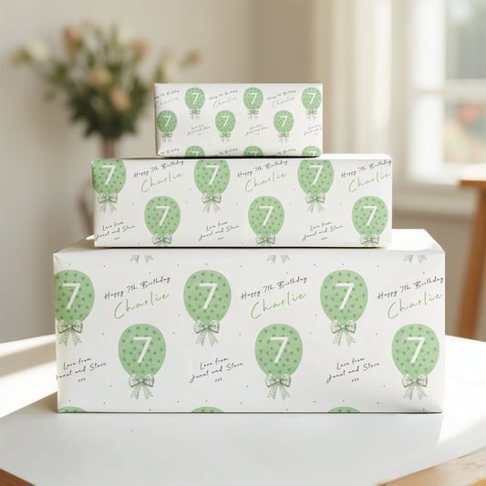 Birthday Gift Wrapping Paper –  Personalised Children's Gift Wrap Roll - Green Heart Balloon