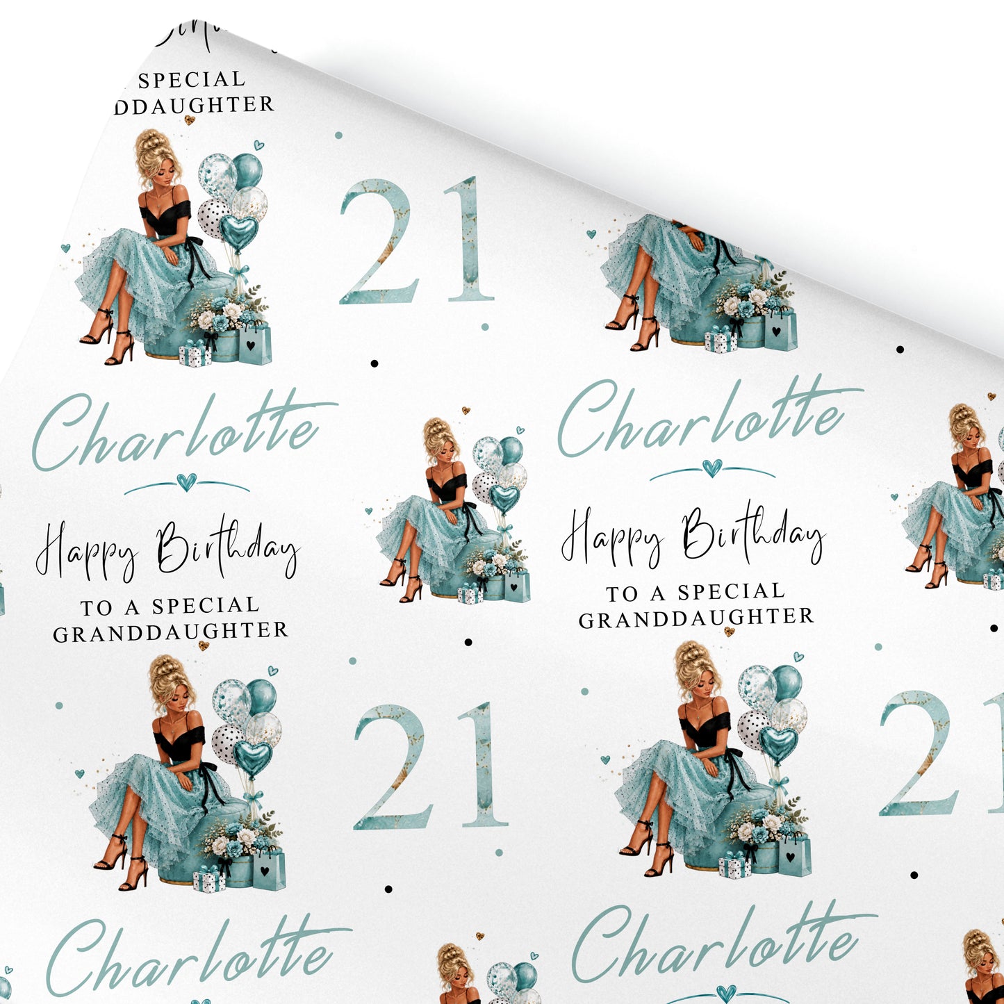 Personalised Birthday Wrapping Paper for Her Turquoise Girl