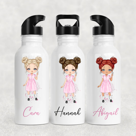 Personalised Girl's School Water Bottle Pink Gingham Summer Dress Girl