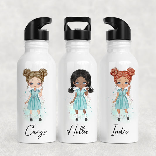 Personalised Girl's School Water Bottle Green Gingham Summer Dress Girl