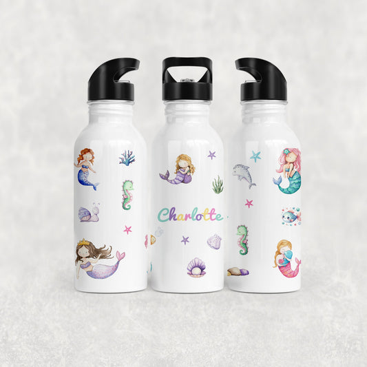 Personalised Girl's Water Bottle with Straw Mermaids