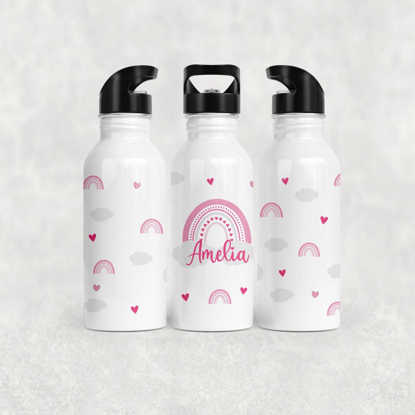 Personalised Girl's Water Bottle with Straw Pink Rainbow Hearts