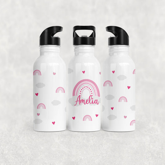Personalised Girl's Water Bottle with Straw Pink Rainbow Hearts