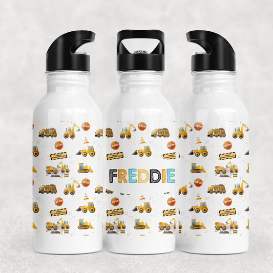 Personalised Girl's Water Bottle with Straw Construction Diggers