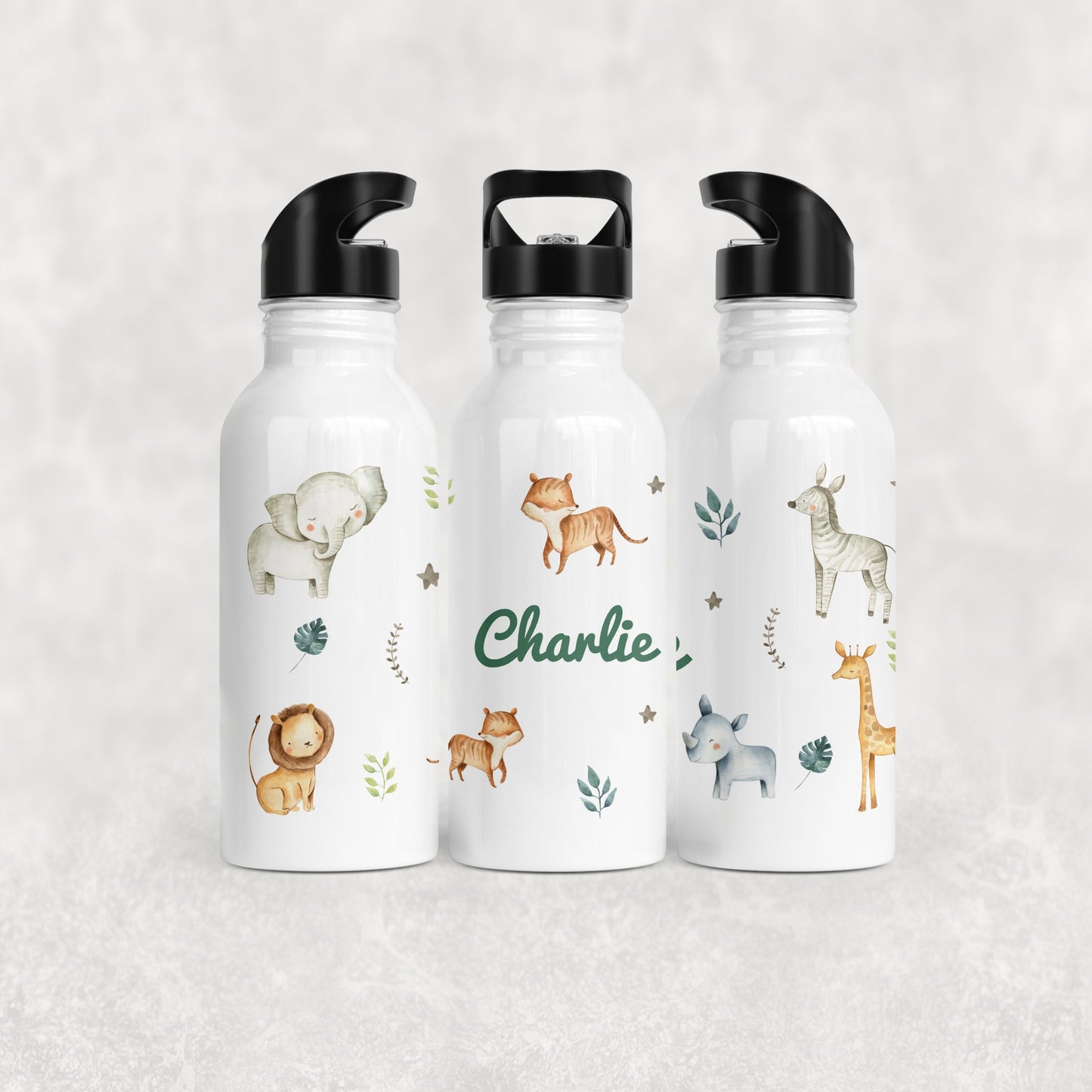 Personalised Girl's Water Bottle with Straw Jungle Animals