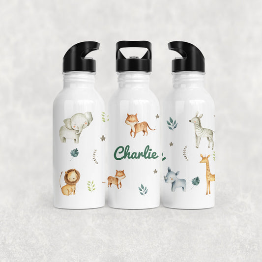 Personalised Girl's Water Bottle with Straw Jungle Animals