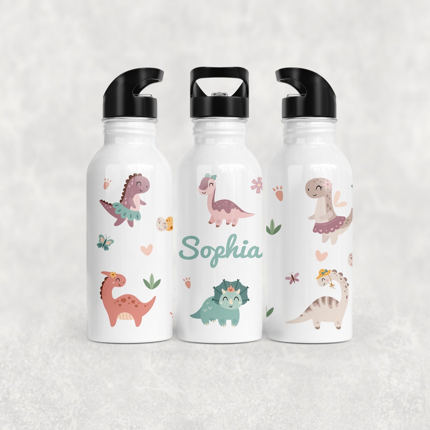 Personalised Girl's Water Bottle with Straw Dinosaurs
