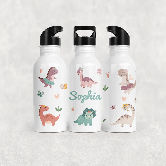 Personalised Girl's Water Bottle with Straw Dinosaurs