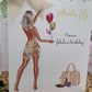 a birthday card with a picture of a woman holding balloons
