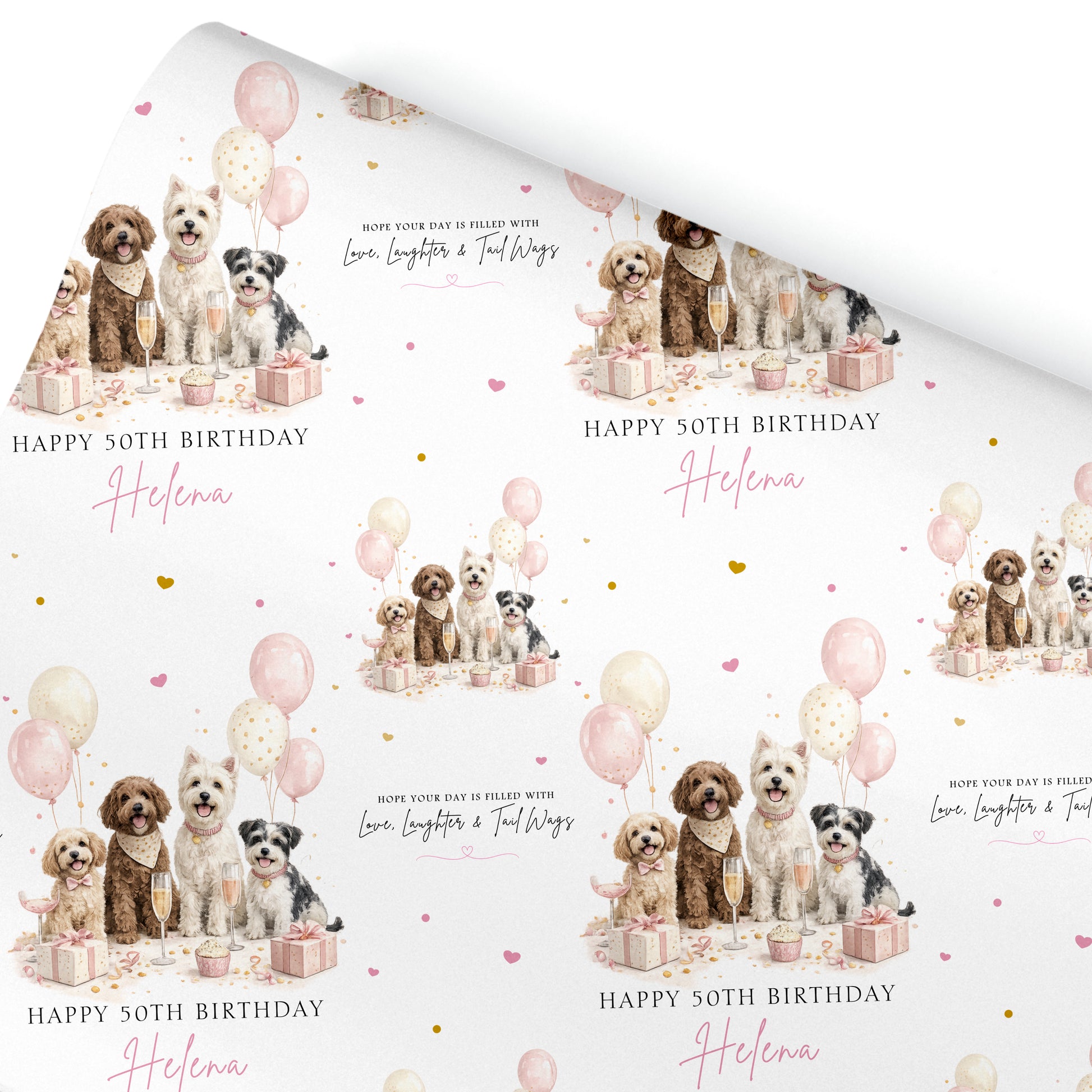 a repeating pattern of illustrations of dogs surrounded by balloons and gifts, along with the text "Happy 50th Birthday Helena" written in various fonts and sizes.