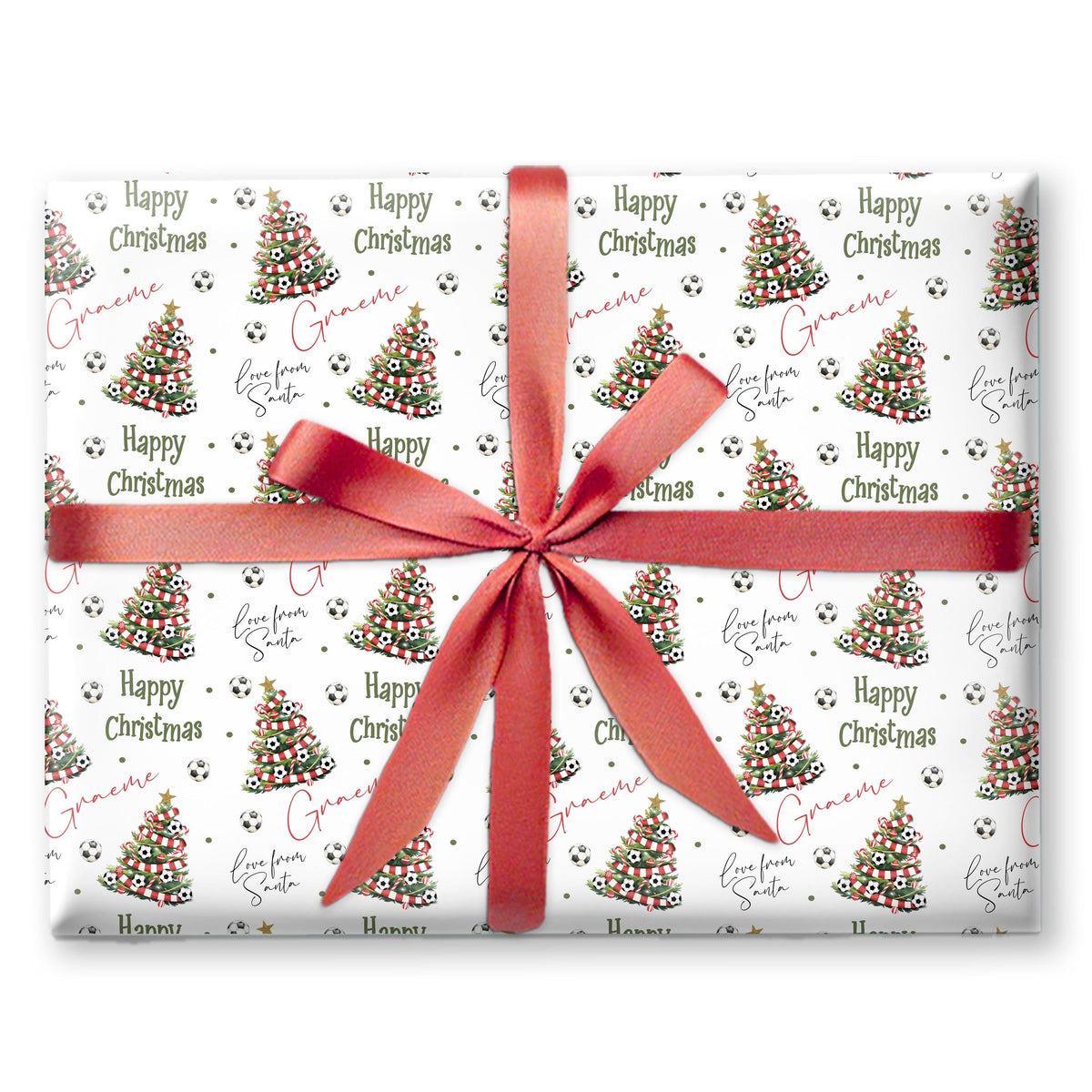 Personalised Christmas Gift Wrap – Football Christmas Tree Design, Footie Red and White Scarf, Teen wrapping paper