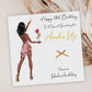 a birthday card with a woman holding a wine glass