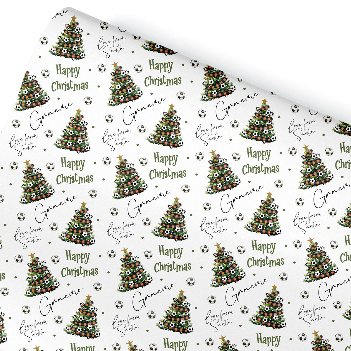 Personalised Christmas Gift Wrap – Football Christmas Tree Design, Footie Black and Orange Scarf- teen gift wrap paper