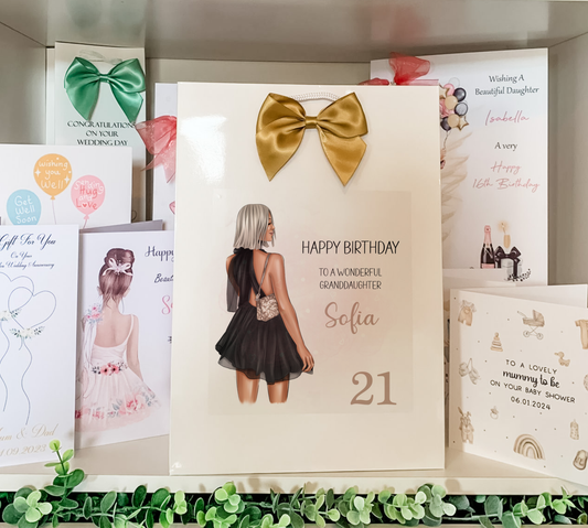 a birthday card with a picture of a woman in a dress