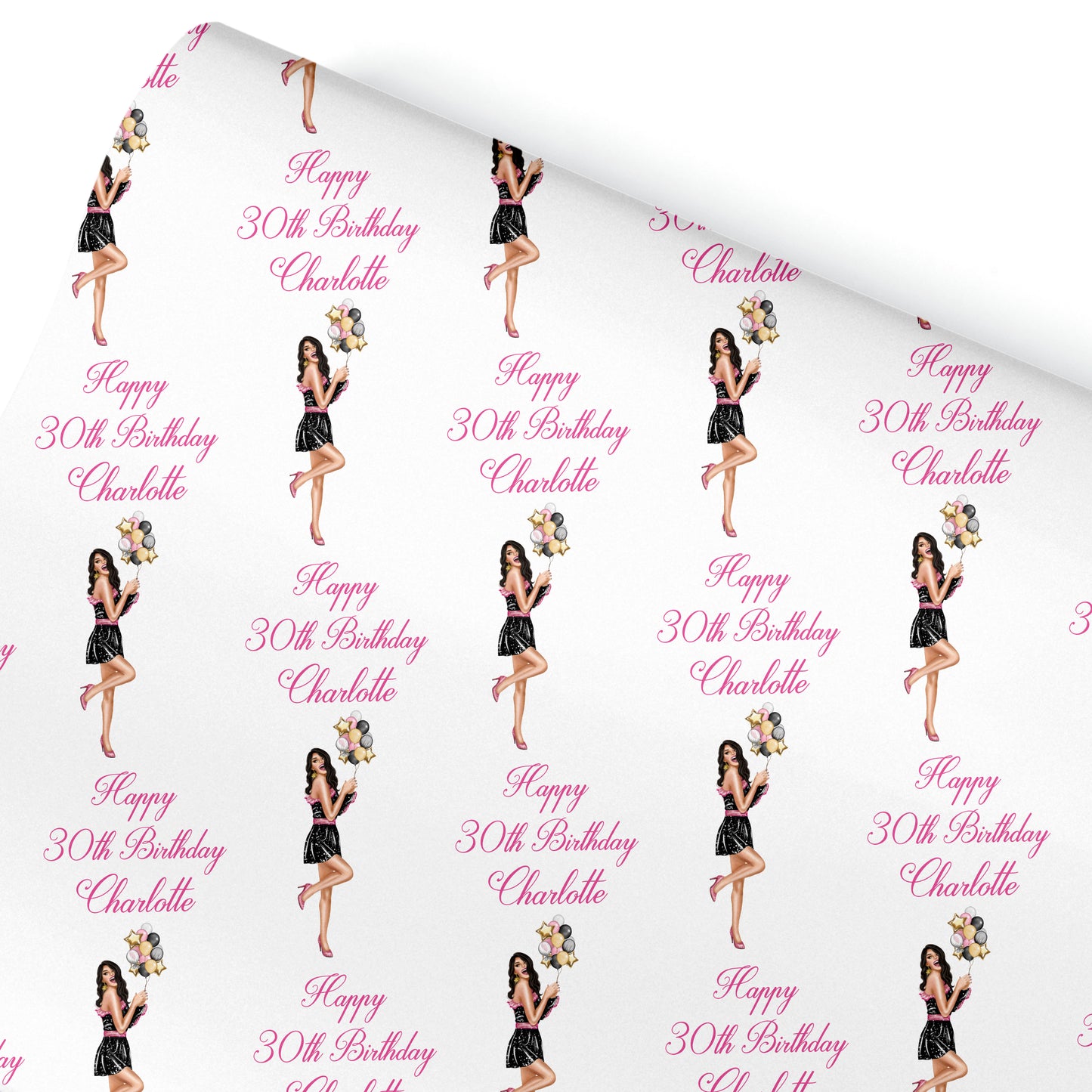 a repeating pattern of illustrations of a woman holding flowers, with the text "Happy 30th Birthday Charlotte" written above each illustration.