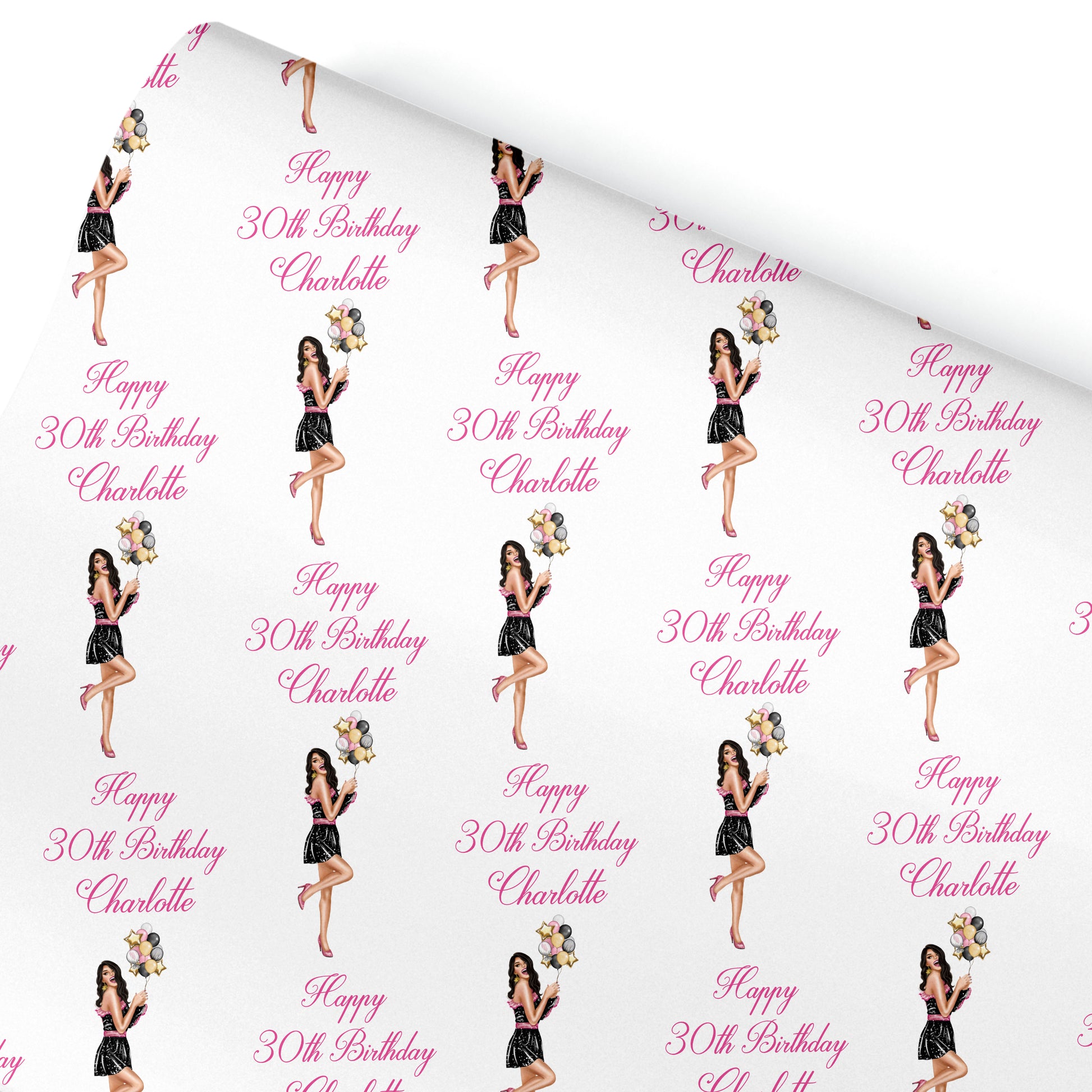 a repeating pattern of illustrations of a woman holding flowers, with the text "Happy 30th Birthday Charlotte" written above each illustration.