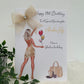 a birthday card with a picture of a woman holding balloons