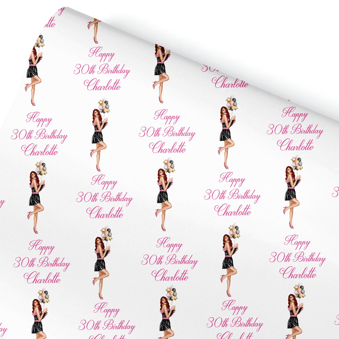 a repeating pattern of illustrations of a woman in a black dress holding a bouquet of flowers, with the text "Happy 30th Birthday Charlotte" written above each illustration.