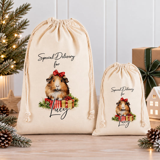 Two beige drawstring bags with a picture of a guinea pig and the text "Special Delivery for Lucy" printed on them, placed on a wooden surface with pine cones and a small Christmas tree in the background.