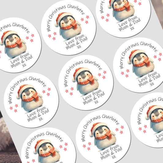 Personalised Christmas Stickers for Gift Tags Name Labels Present Wrapping Penguin