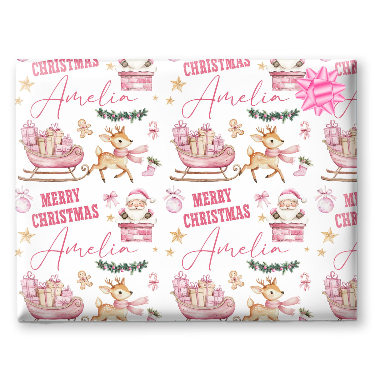 Personalised Gift Wrap | Personalised Christmas Wrapping Paper | Personalised Gift Wrap | Fun Gift Wrap | Pink Reindeer Sleigh