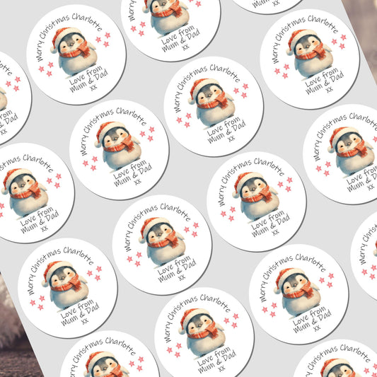 Personalised Christmas Stickers for Gift Tags Name Labels Present Wrapping Penguin