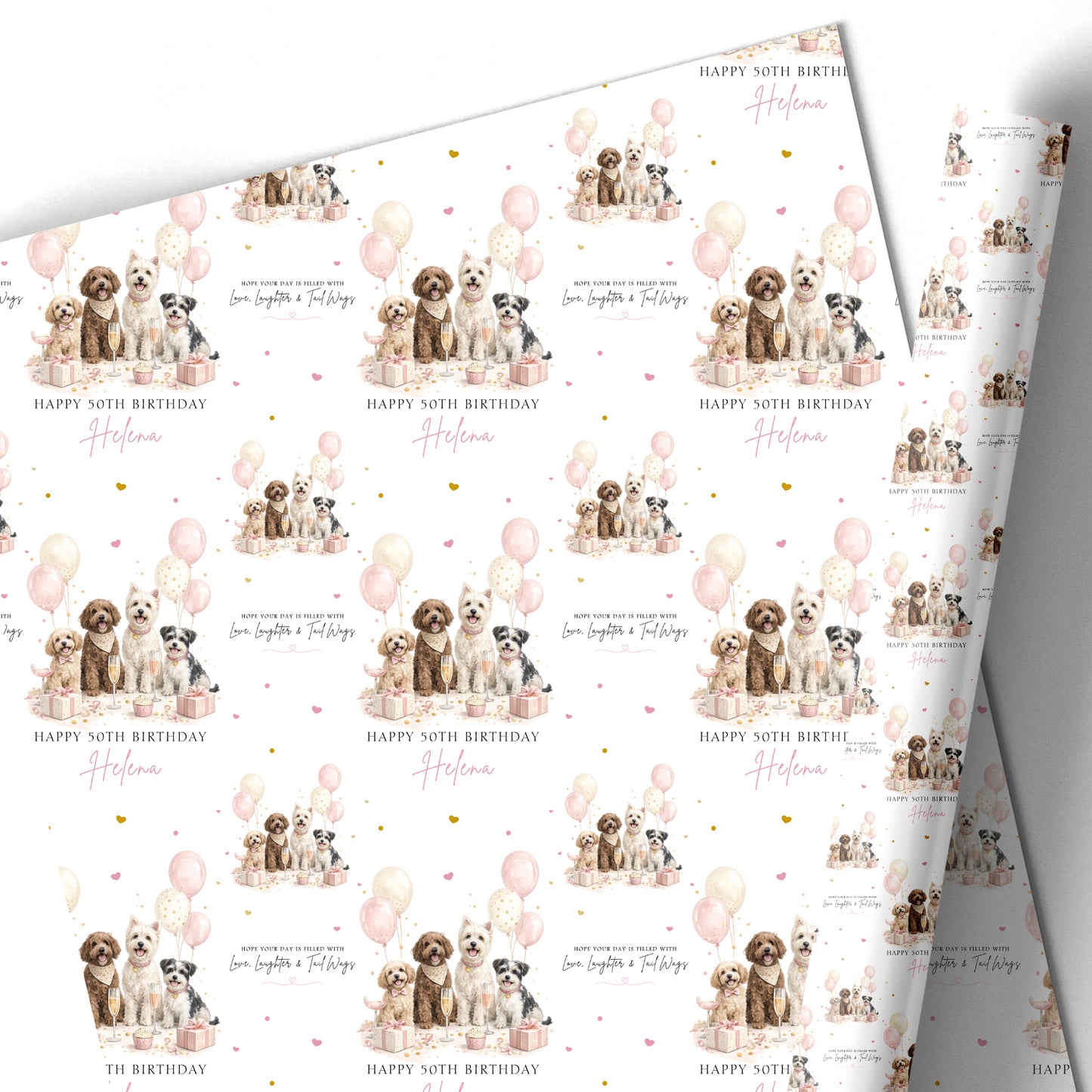 a repeating pattern of birthday-themed illustrations, including dogs and balloons, with the text "Happy 60th Birthday" written above them.