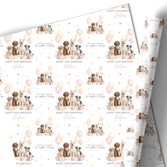 a repeating pattern of birthday-themed illustrations, including dogs and balloons, with the text "Happy 60th Birthday" written above them.