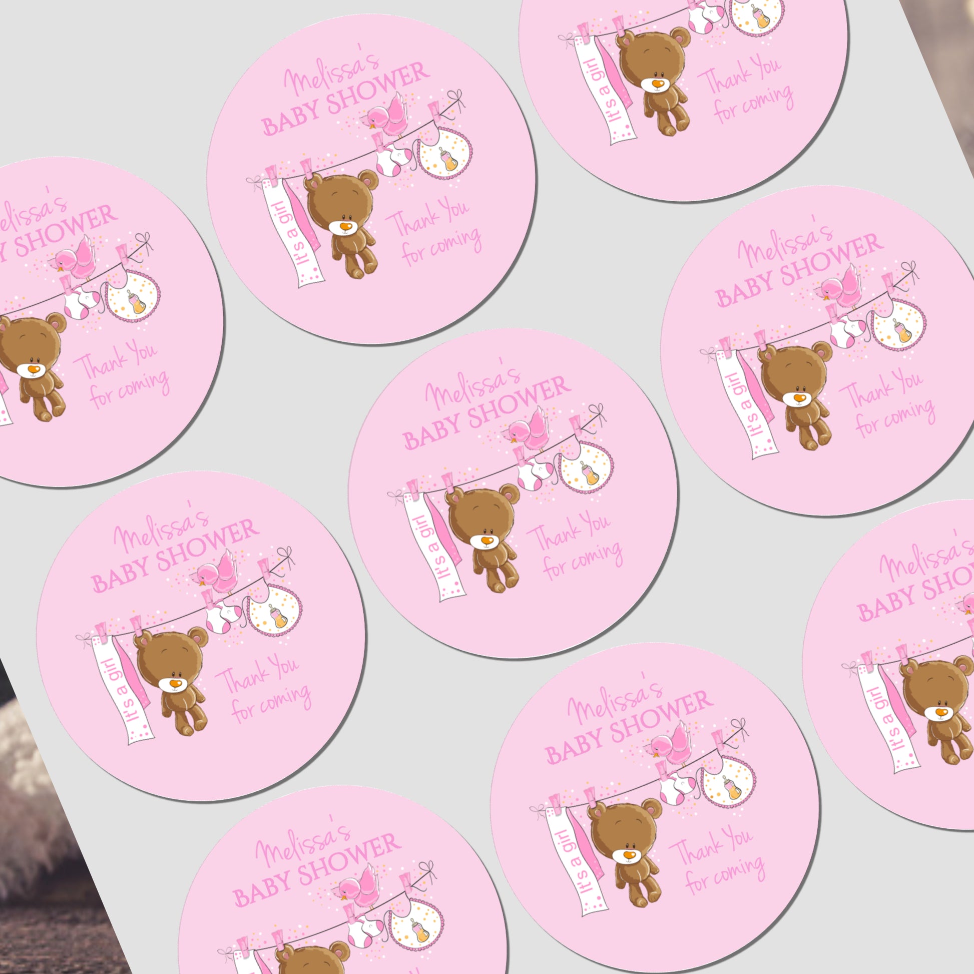 baby shower stickers with a teddy bear on them