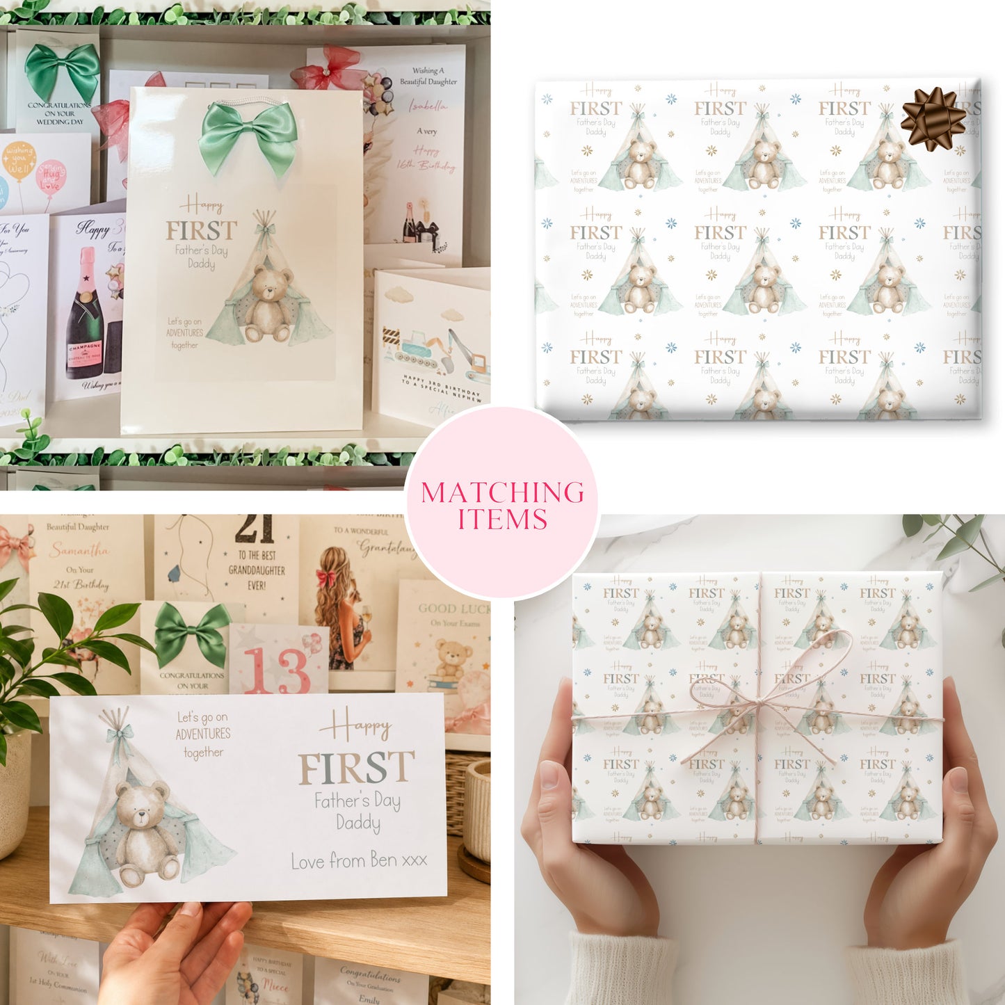 The image is a collage of four photos featuring various items related to the theme of "First Birthday" and "Holidays". The items include gift bags, wrapping paper, and a teddy bear. The collage also includes a hand holding a gift box with a teddy bear design.