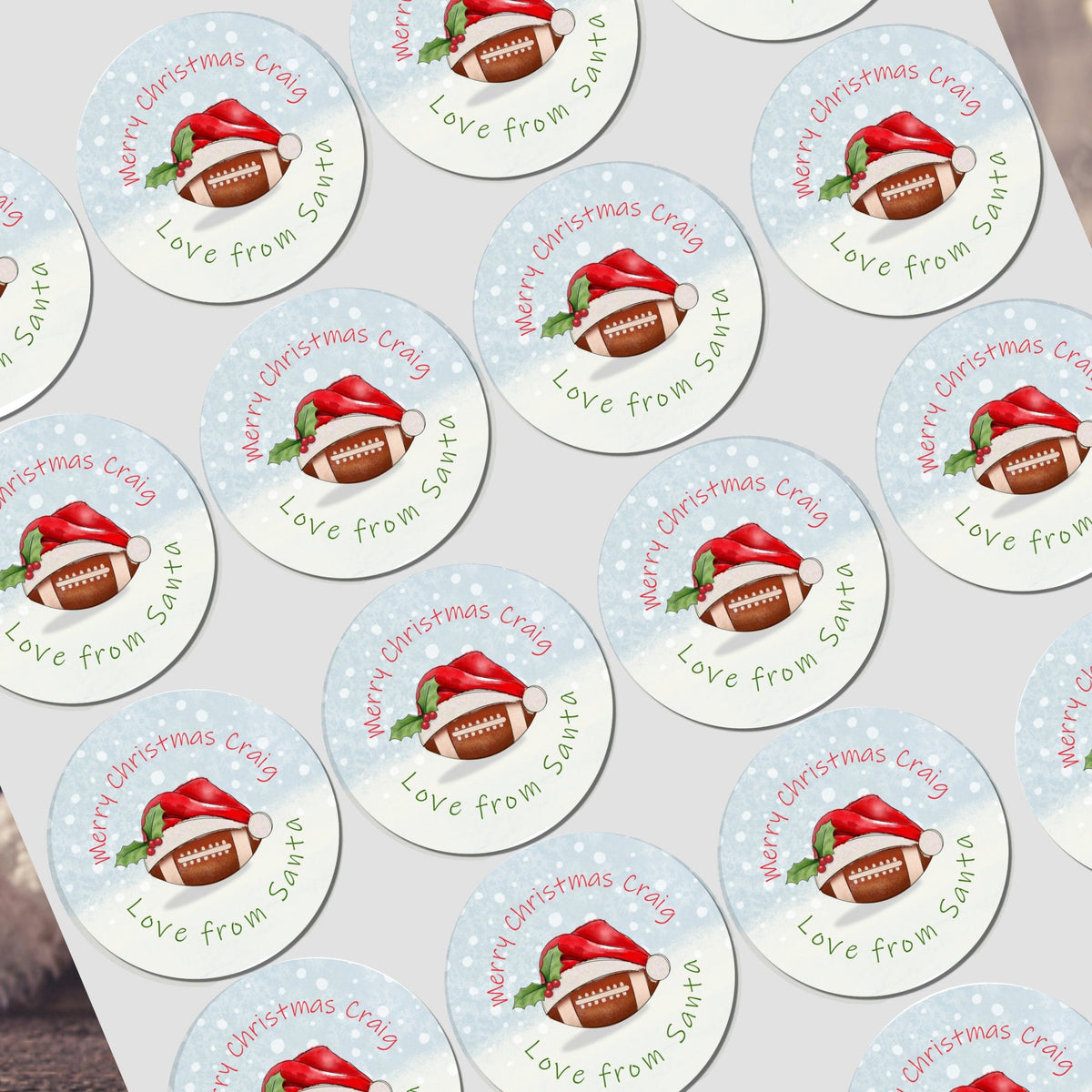 Personalised Christmas American Football sticker, Gift Tags, Gift Wrap Present Stickers